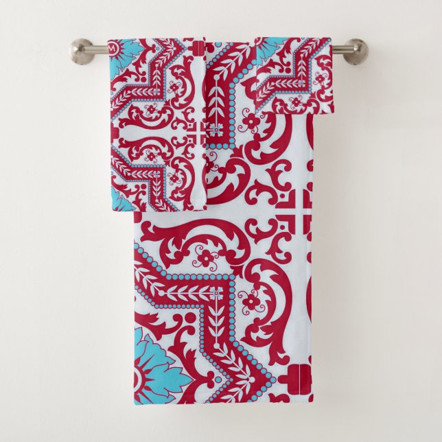 Conjunto De Toalhas Estilo Azulejo Vintage Monograma Azulejo (Insitu)