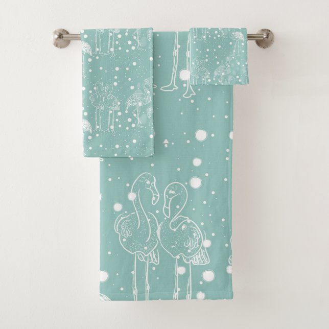 Conjunto De Toalhas Estilo escandinavo Flamingos Brancos no Teal Claro (Insitu)