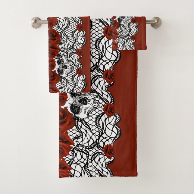 Conjunto De Toalhas Estilo gótico,rendas pretas,crânios e rosas vermel (Insitu)