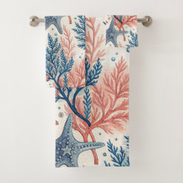 CONJUNTO DE TOALHAS ESTRELA-DO-MAR CORAL AZUL TAN E PLANTAS AQUÁTICAS