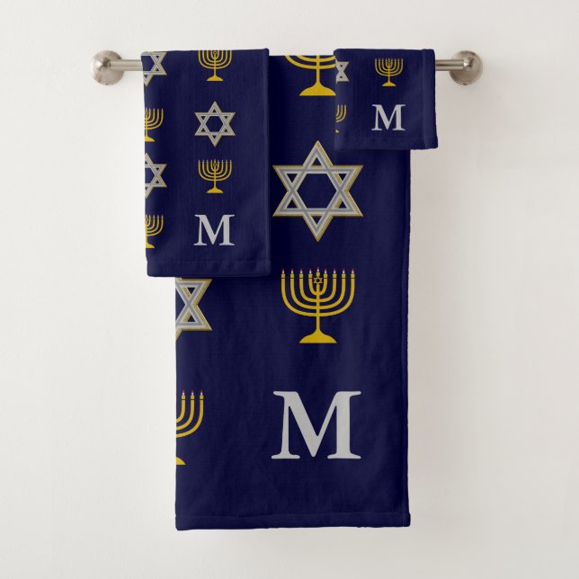 Conjunto De Toalhas Estrela Judaica Moderna de David Menorah Monograma (Insitu)