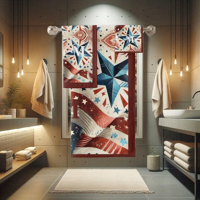 Conjunto De Toalhas Estrelas brilhantes brancas e azuis brancas e mono (Red White and Blue Shining Stars & Stripe Monogram Bath Towel Set)