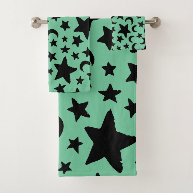 Conjunto De Toalhas Estrelas de Lua Negra e Verde (Insitu)
