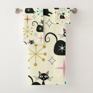Conjunto De Toalhas Estrelas de meio século com Gato Atômico Preto