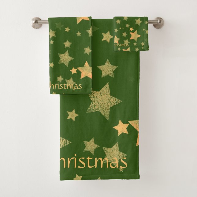 Conjunto De Toalhas Estrelas de Natal Douradas e Elegantes Verde Na mo (Insitu)