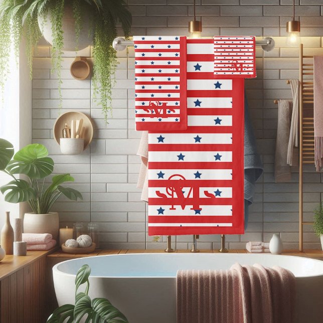 Conjunto De Toalhas Estrelas de Padrão Vermelho Branco e Azul Stripes  (Red White and Blue Pattern Stars Stripes Monogram Bath Towel Set)