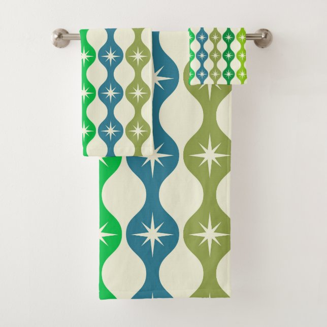 Conjunto De Toalhas Estrelas do Meio do Século em Padrão Ogee Verde Az (Insitu)