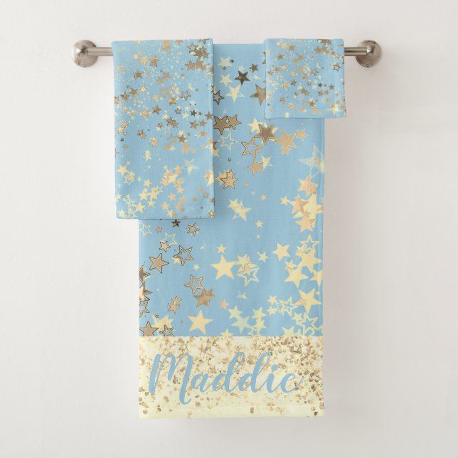 Conjunto De Toalhas Estrelas Douradas e divertidas em Azul Personaliza (Insitu)