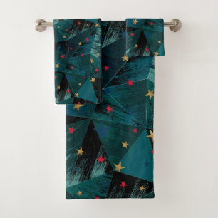 Conjunto De Toalhas Estrelas Douradas e vermelhas em azul