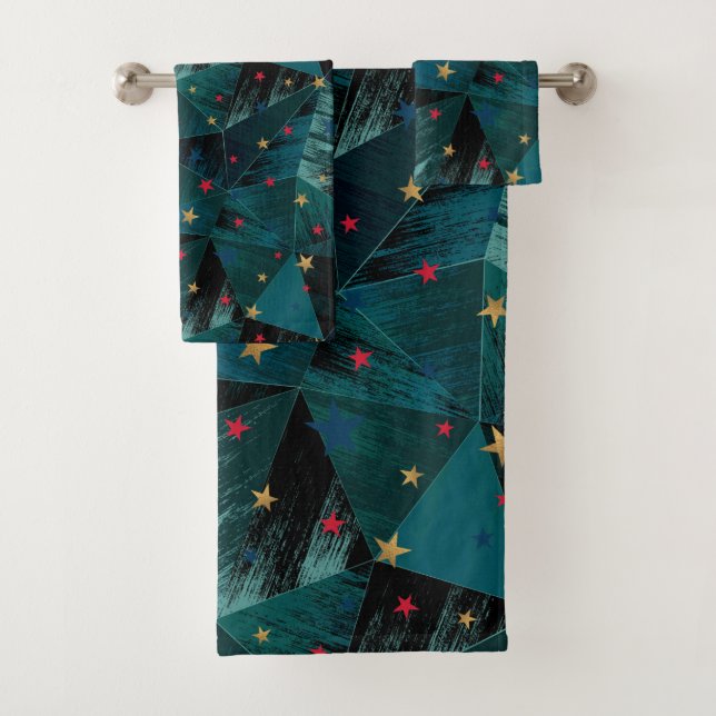 Conjunto De Toalhas Estrelas Douradas e vermelhas em azul (Insitu)