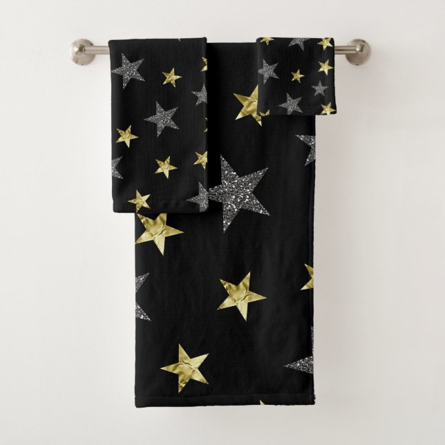 Conjunto De Toalhas Estrelas Prateadas e Douradas Glamour Estrela Negr (Insitu)