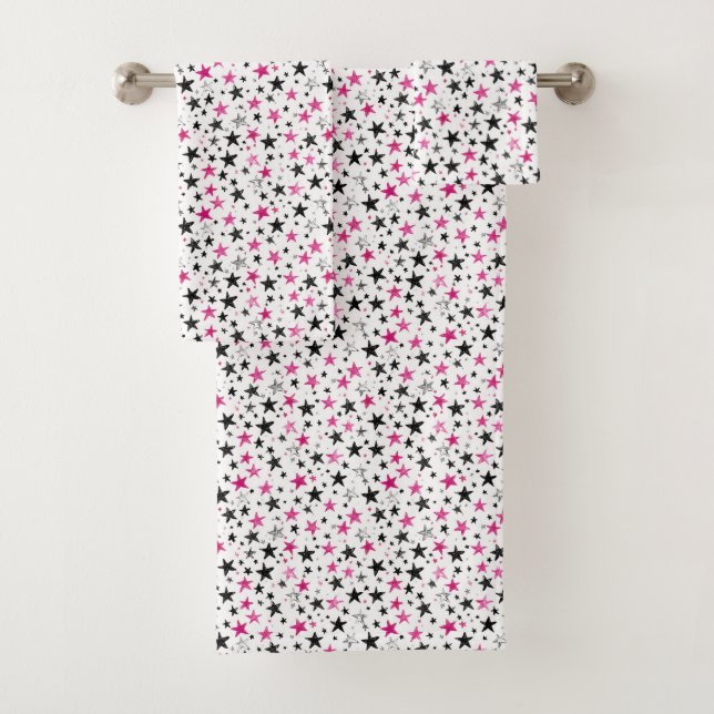 Conjunto De Toalhas Estrelas Pretas Prateadas Rosa (Insitu)