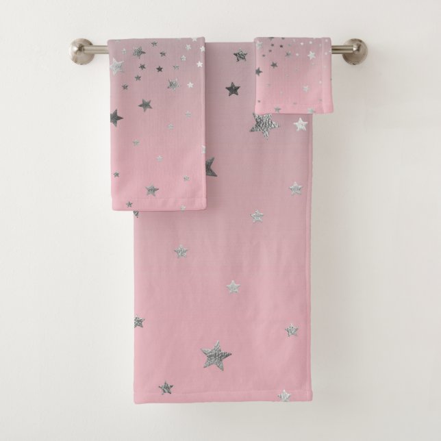 Conjunto De Toalhas Estrelas Rosa E Cinza Ombre-Na moda Chic Moderno (Insitu)
