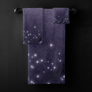 Conjunto De Toalhas Estrelas Roxas Místicas Violeta da meia-noite de