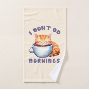 Conjunto De Toalhas Eu não faço manhãs - Gato Laranja Bonito com Café