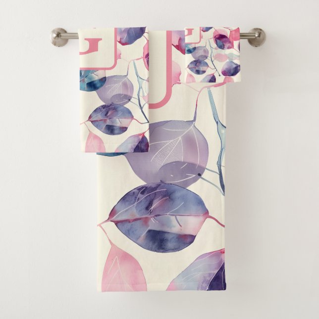 Conjunto De Toalhas Eucalyptus, cor-de-rosa púrpura, Aquarela Deixa mo (Insitu)