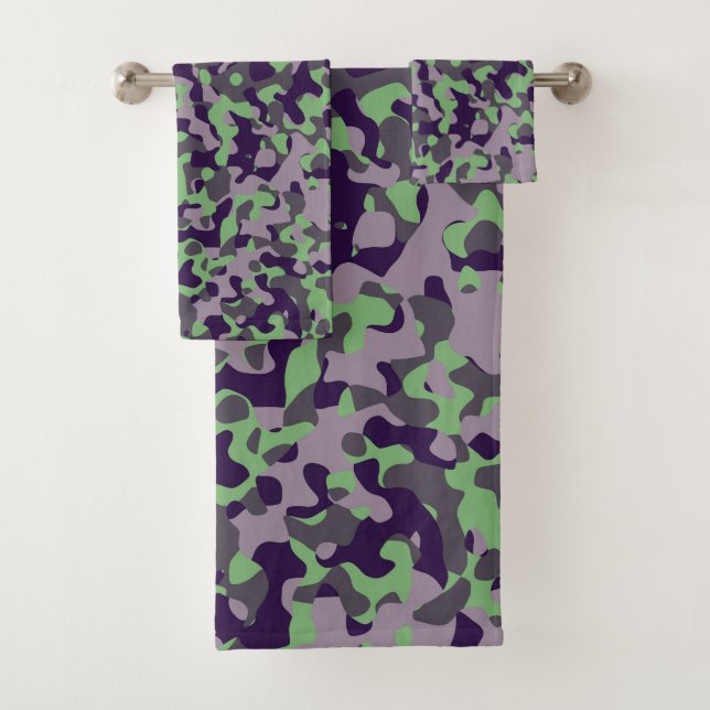 Conjunto De Toalhas faded green and violet camo abstract (Insitu)