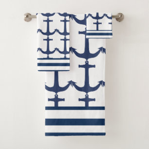 Conjunto De Toalhas Faixa de Âncora Náutica Azul-Branco Marinho