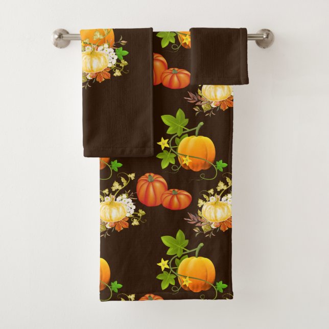 Conjunto De Toalhas Fall Season Pumpkins Bathroom Brown (Insitu)