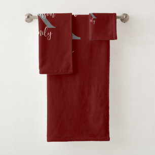 Conjunto De Toalhas Família Nome Monograma Branco Burgundy Cinza