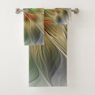 Conjunto De Toalhas Fantasia Floral Com Moderno Fractal Dourado Abstra