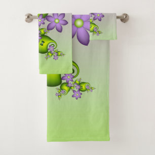 Conjunto De Toalhas Fantasia Floral Flores Lilás Formas Verdes Fractal