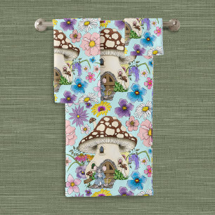 Conjunto De Toalhas Fantasioso Rato Casa Cogumelo Floral Azul