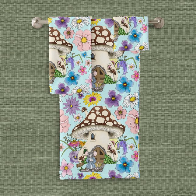 Conjunto De Toalhas Fantasioso Rato Casa Cogumelo Floral Azul (Criador carregado)