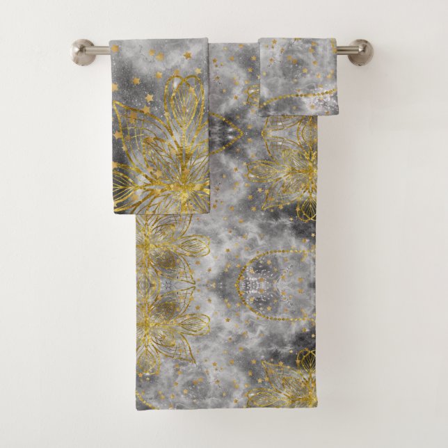 Conjunto De Toalhas Faux Dourado Mandala e Design de Cinza (Insitu)
