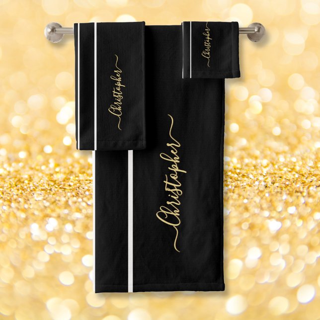 Conjunto De Toalhas Faux Dourado Monogrammed Black Racing (Faux Gold Monogrammed Black White Racing Stripes Bath Towel Set)