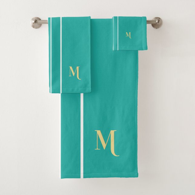 Conjunto De Toalhas Faux Dourado Monogrammed Teal White Racing Stripes (Insitu)
