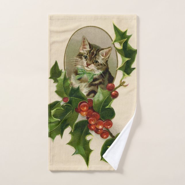 Conjunto De Toalhas Feliz de Natal Holly Kitten Arte Antiquada (Toalha de mão)