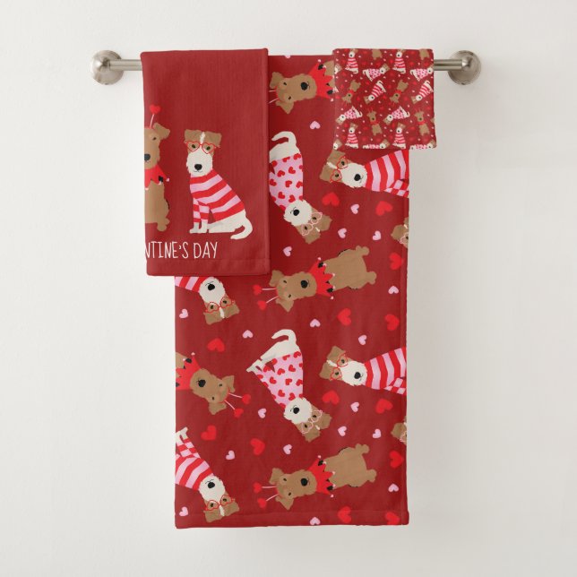 Conjunto De Toalhas Feliz Dia dos Namorados Welsh Wire Fox Terrier Dog (Insitu)