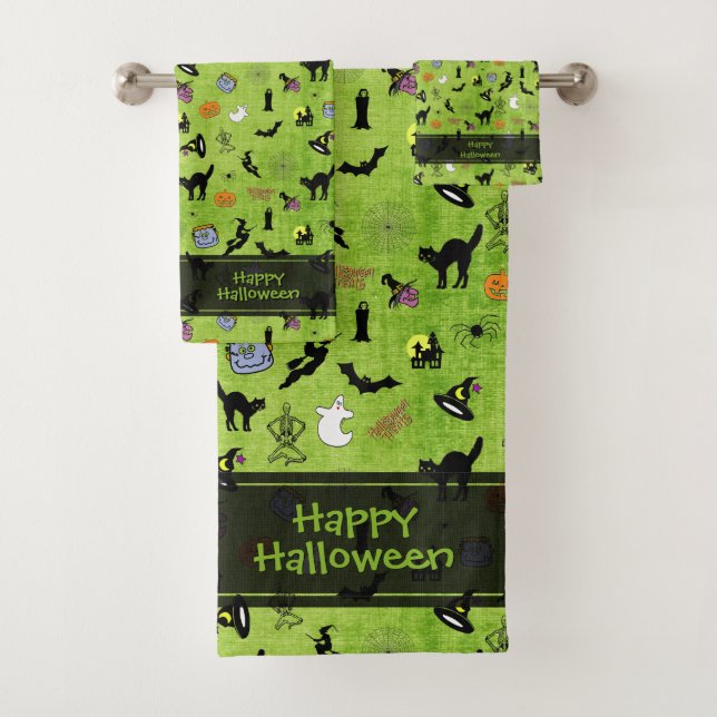 Conjunto De Toalhas Feliz Halloween Random Iconic Pattern Green BG (Insitu)