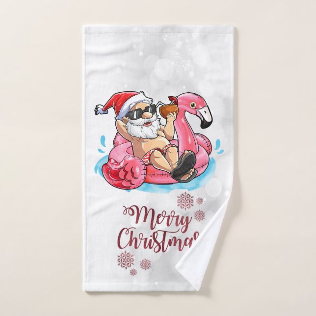 Conjunto De Toalhas Feliz Natal Engraçado Papai Noel, Flamingo Rosa (Toalha de mão)