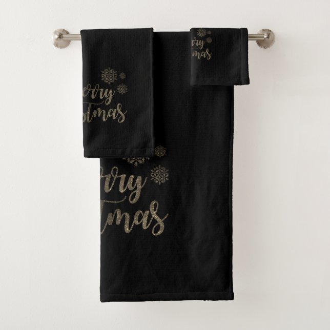 Conjunto De Toalhas Feliz Natal Faux Dourada Glitter, (Insitu)