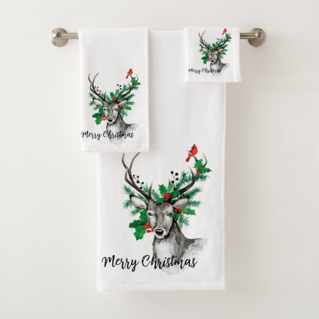 Conjunto De Toalhas Feliz Natal Reindeer Foliage e Cardeal (Insitu)