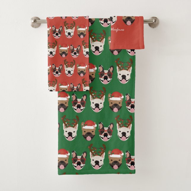 Conjunto De Toalhas Feliz Woofmas Bolsas Francesas Cabeças de Natal (Insitu)