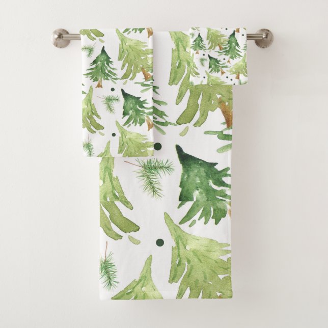 Conjunto De Toalhas Feriado de Árvores de Pinheiro Aquarela Verde Rúst (Insitu)