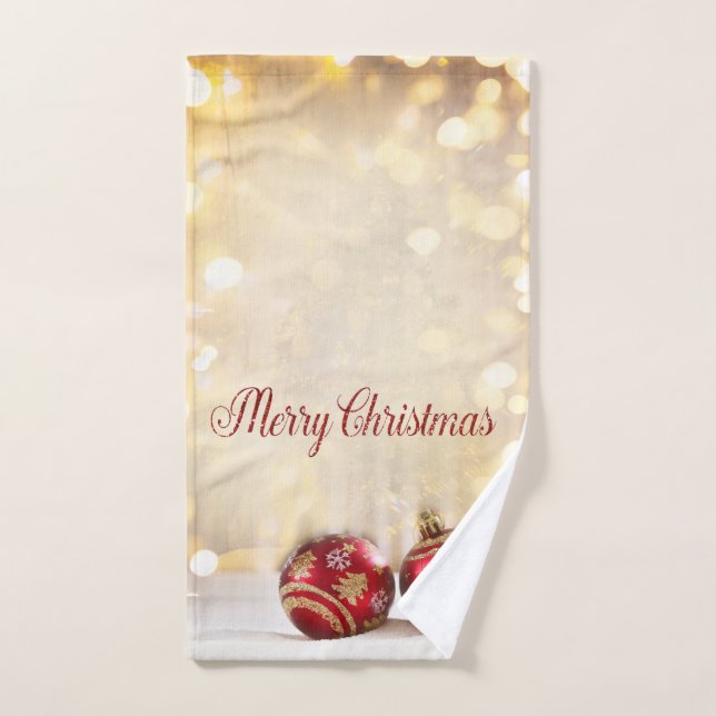 Conjunto De Toalhas Feriado de Natal-Bolas de Natal Vermelhas Bokeh (Toalha de mão)