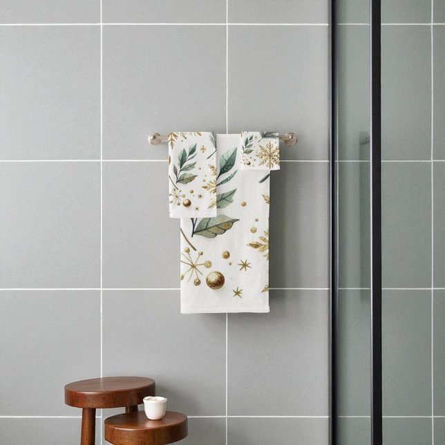Conjunto De Toalhas Feriado Floral em Floco de Neve Verde Dourado (Criador carregado)