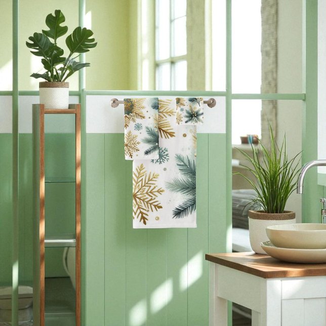 Conjunto De Toalhas Feriado Floral em Floco de Neve Verde Dourado (Criador carregado)