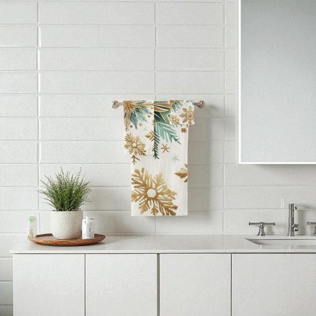 Conjunto De Toalhas Feriado Floral em Floco de Neve Verde Dourado (Criador carregado)
