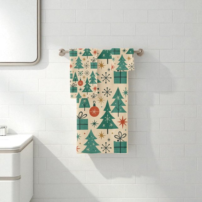 Conjunto De Toalhas Feriado Moderno do Meio século Verde Vermelho (Criador carregado)