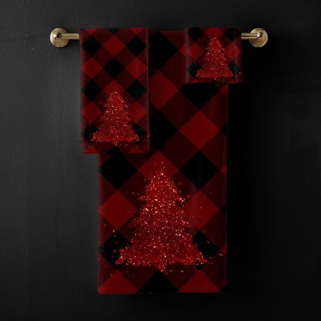 Conjunto De Toalhas Feriado Rustic Red Christmas Tree Modern Xadrez (Criador carregado)