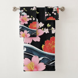 Conjunto De Toalhas Festa Japão Flores Sakura Seigaiha Moderna Retro