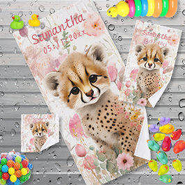 Conjunto De Toalhas Filhote de Guepardo Fofo Flores Aquarela Pastel In
