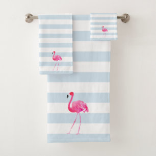 Conjunto De Toalhas Flamingo, Cor-de-rosa, branco e tiras azuis