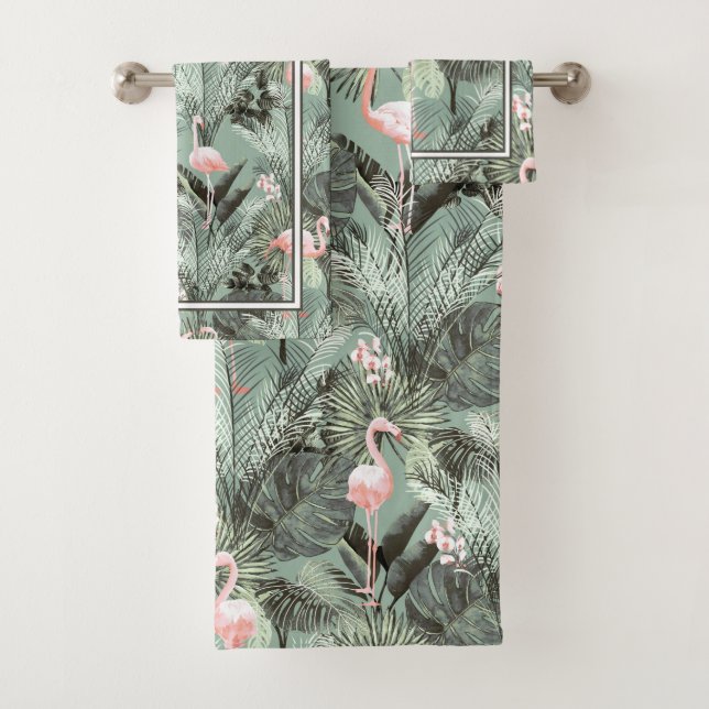 Conjunto De Toalhas Flamingo Orchid Tropical Pattern Sage ID868 (Insitu)