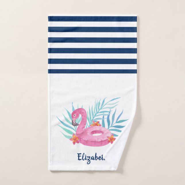 Conjunto De Toalhas Flamingo Piscina Marinho Flutuante Azul, Branco (Toalha de mão)